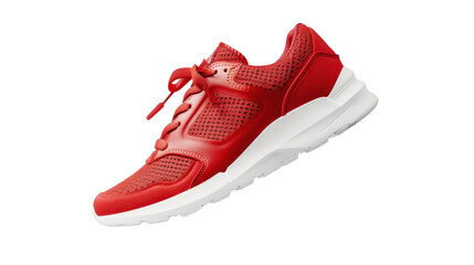 Red sneaker shoe with white sole floating on transparent background