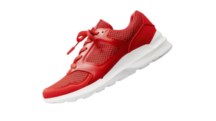 Red sneaker shoe with white sole floating on transparent background