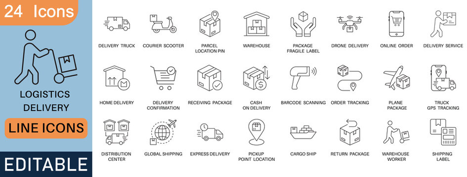 Logistics and delivery line icons set, including delivery truck, courier scooter, warehouse, drone delivery, barcode scanning, order tracking, global shipping, express delivery, and shipping label.