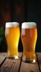 Two frosty beer glasses on rustic wood, ample space , alcohol, visual, wood