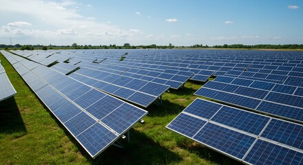 Vast solar farm basks in bright sunlight. AI Generated