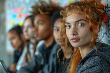 Diverse business team engages in creative brainstorming session with whiteboard filled with ideas in modern conference room