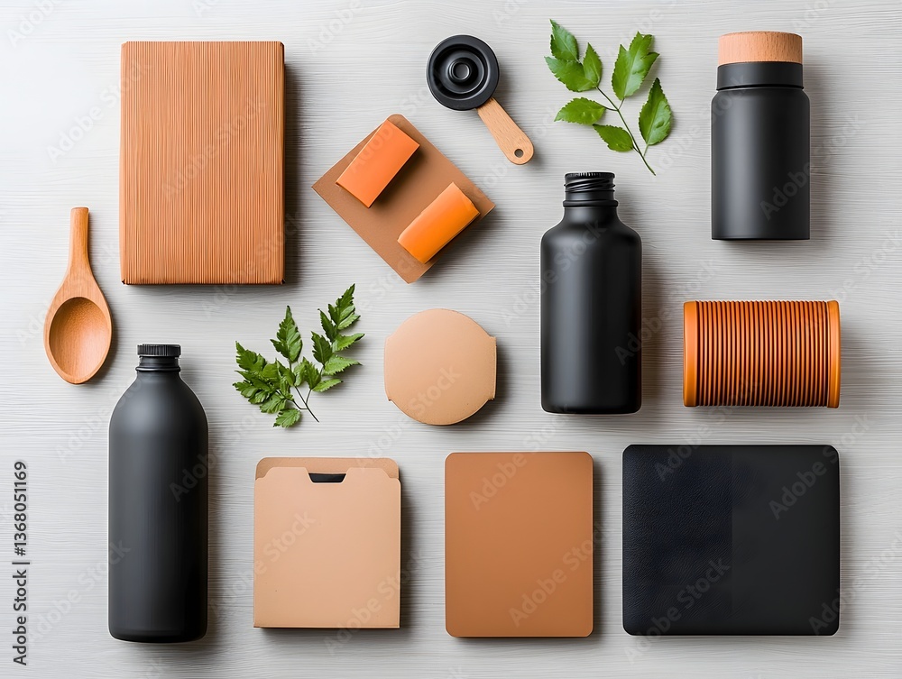 Poster flat lay showcasing a visually appealing collection of storage containers in diverse shapes textures