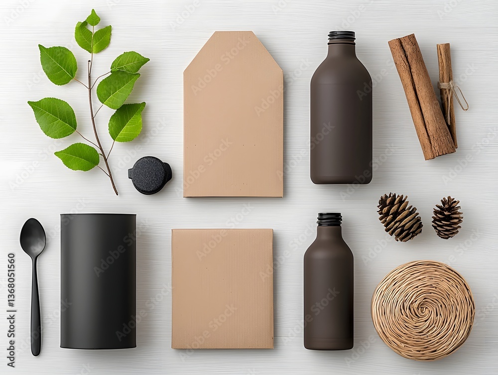 Poster flatlay display of various storage containers including cardboard wicker and metal pieces neatly arr