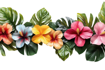 Vibrant hibiscus blossoms and lush monstera leaves create a tropical paradise, a lively arrangement bursting with color against a clean white background.