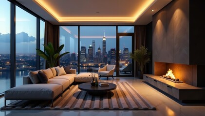 Stylish luxury living room with contemporary fireplace, designer furniture, and city skyline views, fireplace, penthouse, modern
