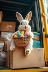 White Easter bunny with Easter eggs holding a parcel for courier delivery, gift orders