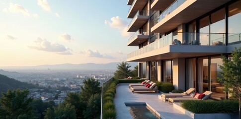 Stylish urban apartment building with glass balconies and panoramic windows, windows, modern, residential