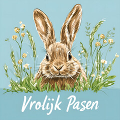 vrolijk pasen! artistic illustration with dutch text of greetings on cartoon design with easter bunny and minimalistic floral decor; blue background