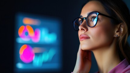 Holographic Insights Next-Gen AI Analytics Dashboard Empowering Professional Women in Tech - Minimalist Data Visualization and Futuristic Workplace Innovation