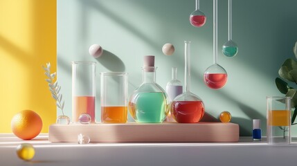 Serene Laboratory Scene with Glass Collections and Colorful Liquids Under Soft Light