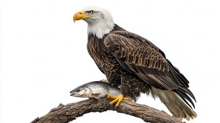 Obraz premium Majestic bald eagle perched on a branch with its prey, a fresh fish, showcasing nature's prowess.
