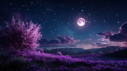 Naklejka premium Serene Night Sky Scene with Radiant Full Moon Over Blooming Purple Landscape and Starry Clouds