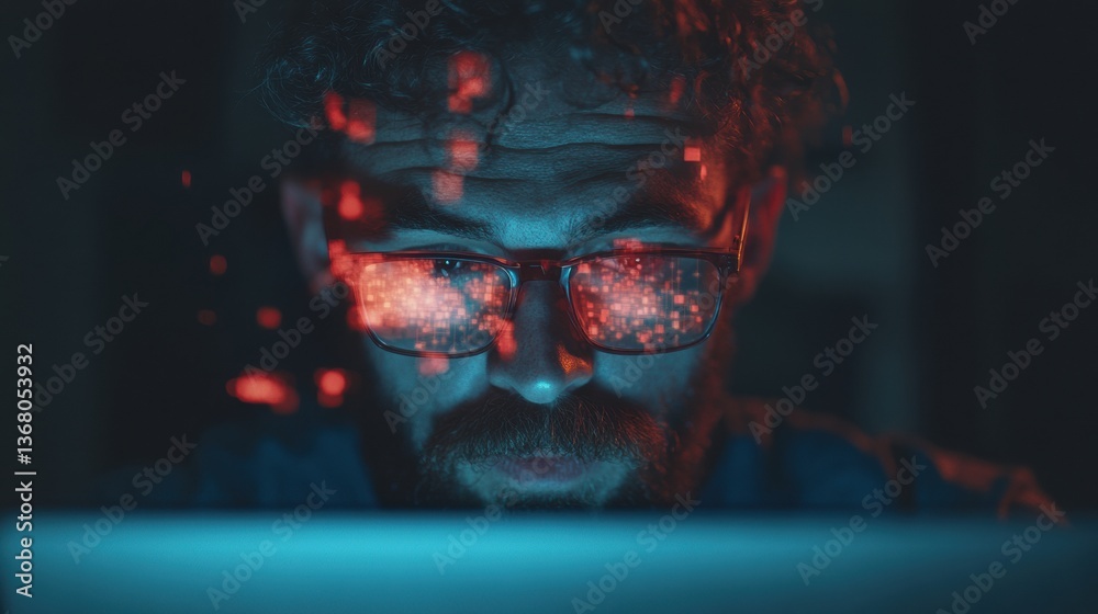 Fototapete Cyberpunk Digital Immersion Gen Z Tech Professional in Cinematic Low-Light Analytics Environment - Futuristic Data Visualization and Immersive Work Performance