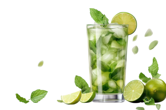 A refreshing mojito cocktail, perfectly chilled with ice and vibrant mint and lime, creating a summery and invigorating scene against a bright white background.