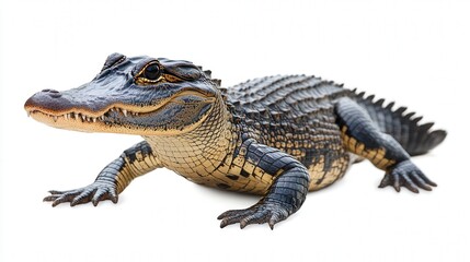 Obraz premium Close-up of a young alligator isolated on a white background, showcasing its detailed scales and powerful jaws.