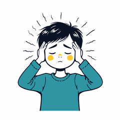 A hand-drawn vector illustration of a young boy holding his head with both hands, experiencing a headache or stress