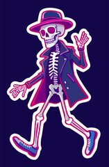 Funny walking skeleton in fedora hat, jacket and sneakers. Vector sticker isolated on dark background