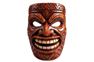 A richly carved Polynesian mask, a captivating expression of ancient traditions with intricate details and warm, reddish-brown tones.