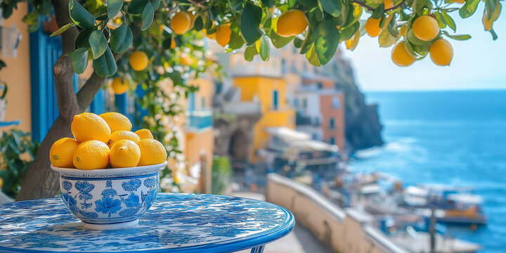 Italian Lemon View. Lemons in a bowl overlooking the coast of Italy. Colorful, vibrant, and summery.