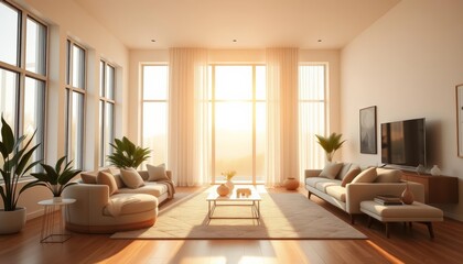 Sunlit minimalist living room with large windows, contemporary furniture, and neutral decor, modern, clean