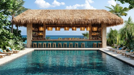 A tropical bar and swimming pool near a beautiful ocean view