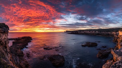 Stunning Sunrise Panorama with Dynamic Multicolored Skies Over Serene Coastal Landscape at Dawn