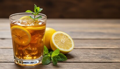 Fototapeta premium Iced tea with lemon slices and mint leaves served in a glass on a wooden table. Refreshing summer beverage.