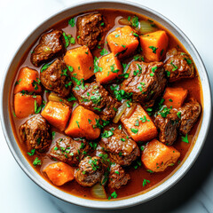 A hearty beef stew with tender chunks of meat, sweet potatoes, and fresh herbs, served in a rustic bowl.