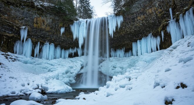 Frozen waterfall surrounded by icy terrain and snow-covered ground in a serene forest