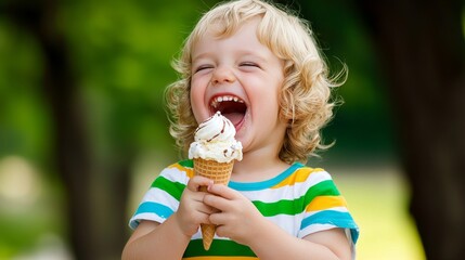Happy child enjoying an ice cream cone on a sunny day