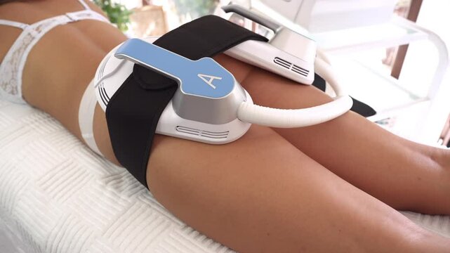 Body contouring and sculpting. Hardware cosmetology. Ultrasound cavitation body contouring treatment, anti-cellulite and anti-fat therapy in beauty salon. Modern beauty treatments concept.