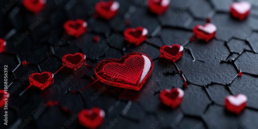 Poster Futuristic Digital Love Network Interconnected Heart Nodes in Cybersecurity Visualization - Emotional Tech Innovation for Modern Relationship Intelligence