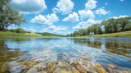 Calm river, summer sky, trees, clear water, idyllic landscape, nature photography