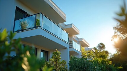 Modern apartments bathed in sunset light, showcasing sleek design and private balconies