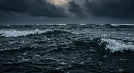 Obraz premium Dramatic ocean waves under dark storm clouds, creating a moody atmosphere at sea