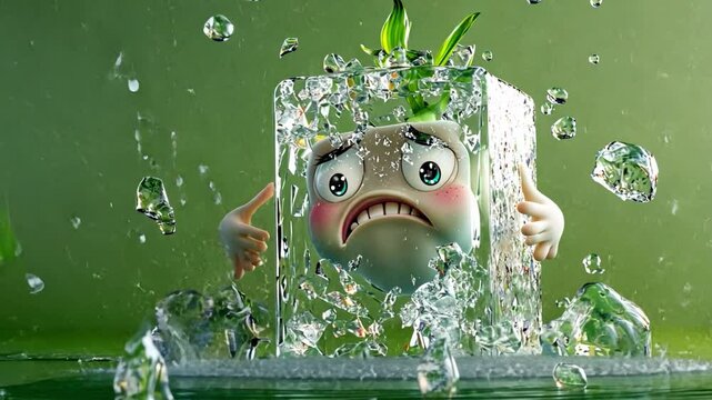 Frozen Delight: A whimsical character encased in a block of ice, surrounded by splashing water, evoking a sense of playful distress or comedic anticipation.