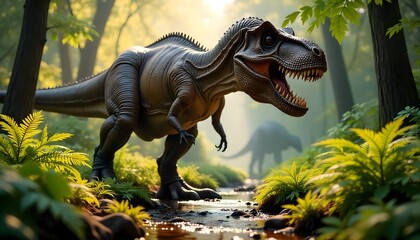 Tyrannosaurus Rex Roaring in Prehistoric Jungle by a Stream