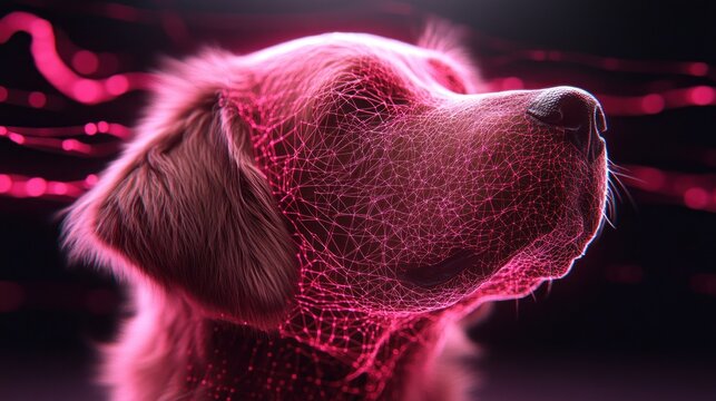 Glowing polygonal dog portrait, dark background