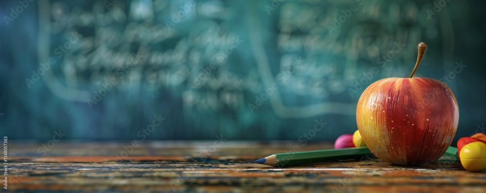 Poster Red apple and colored pencils are lying on a desk with a blurry chalkboard in the background