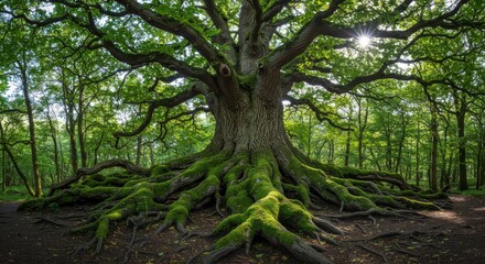 Obraz premium Majestic ancient tree with sprawling roots and vibrant green foliage in serene forest