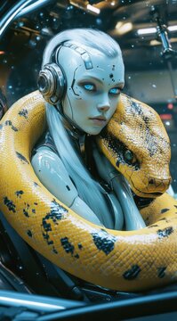 Attractive female cyborg with blue eyes and long white hair, wearing headphones and wrapped in a yellow python, sitting inside her futuristic spaceship.
