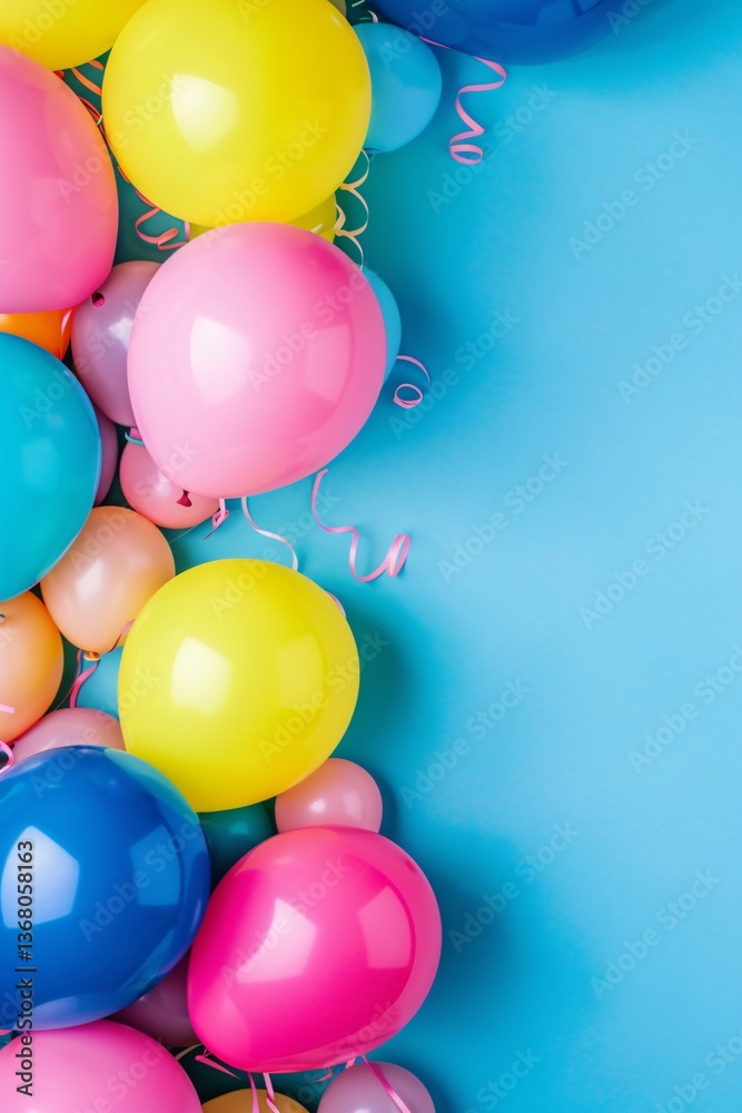 Poster Vibrant blue background with colorful balloons floating and space for text