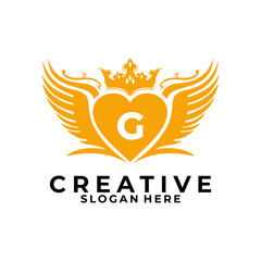 Initial identity Letter G with wings, love, and Crown logo design vector template