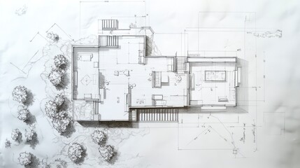 House plan blueprint design, landscape sketch, architectural drawing