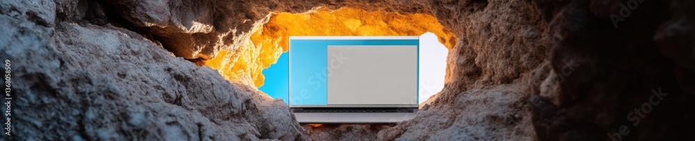 Poster digital frontier minimalist laptop illuminating remote work revolution in rugged natural cave landsc