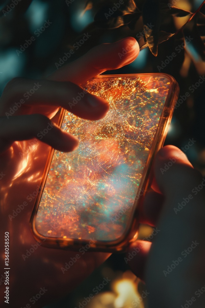 Fototapete Immersive Digital Exploration Cinematic Smartphone Interaction with Luminescent Data Networks - Next-Gen Tech Visualization for Millennial Innovators