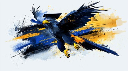 A dynamic eagle wearing a graduation cap soars through a colorful splash