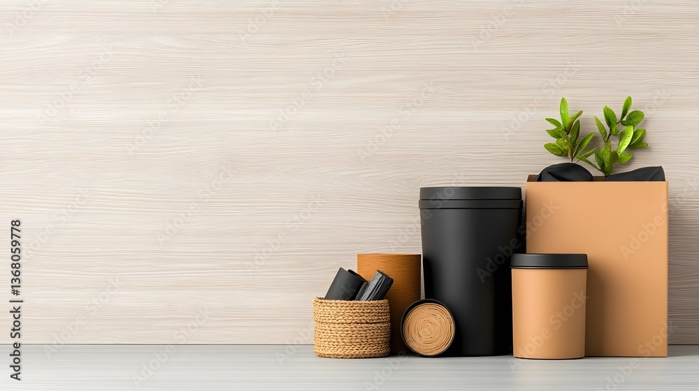 Poster neatly arranged assortment of storage containers including cardboard boxes wicker baskets and metal 