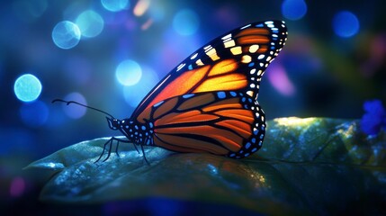Fototapeta premium Glowing Monarch Butterfly on Leaf at Night